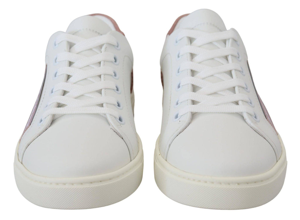 Baskets basses en cuir blanc et rose de Dolce & Gabbana, chaussures élégantes pour femme, avec détails en cuir.
