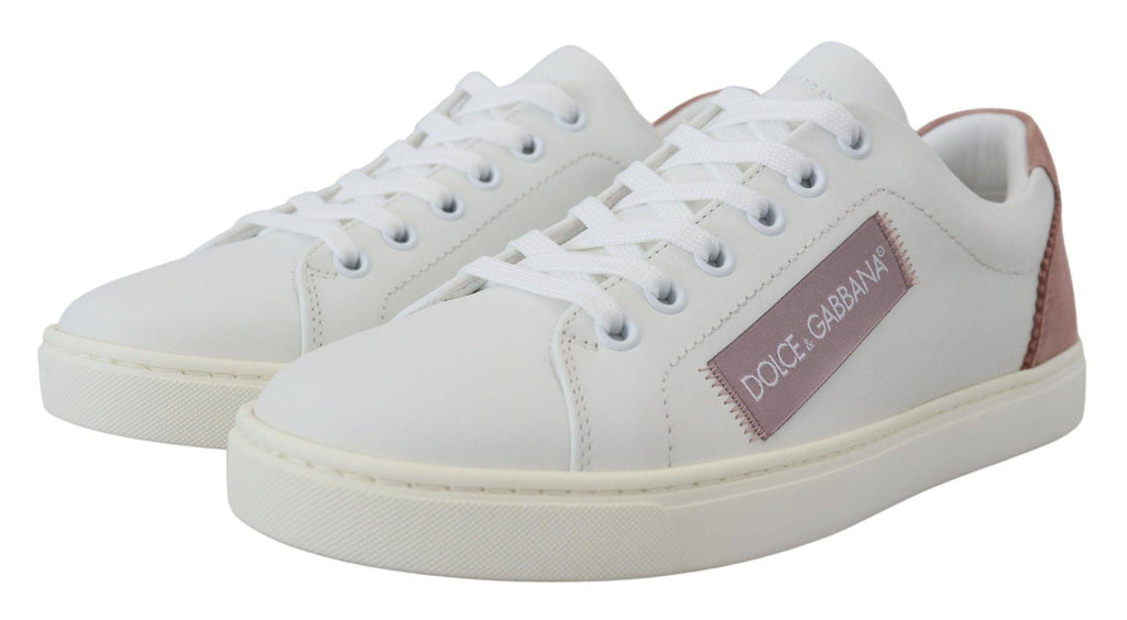 Chaussures basses en cuir blanc et rose Dolce & Gabbana, sneakers féminins élégants et confortables.