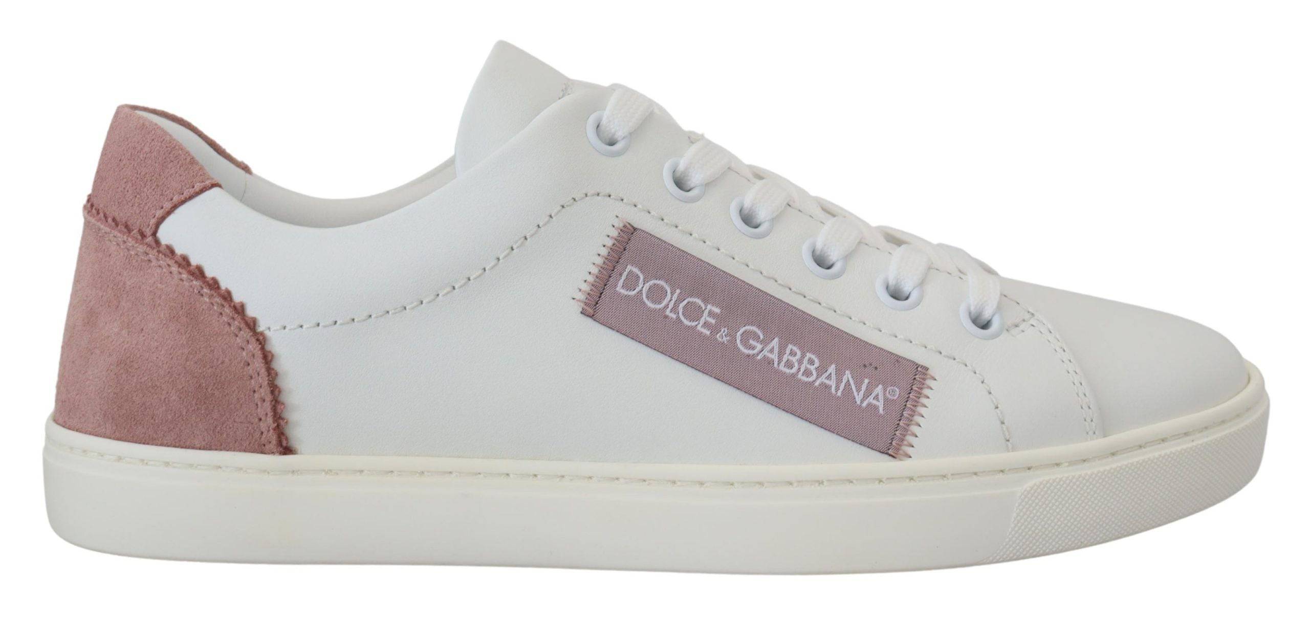 Chaussures basses en cuir blanc et rose Dolce & Gabbana, sneakers low top élégants pour femmes.