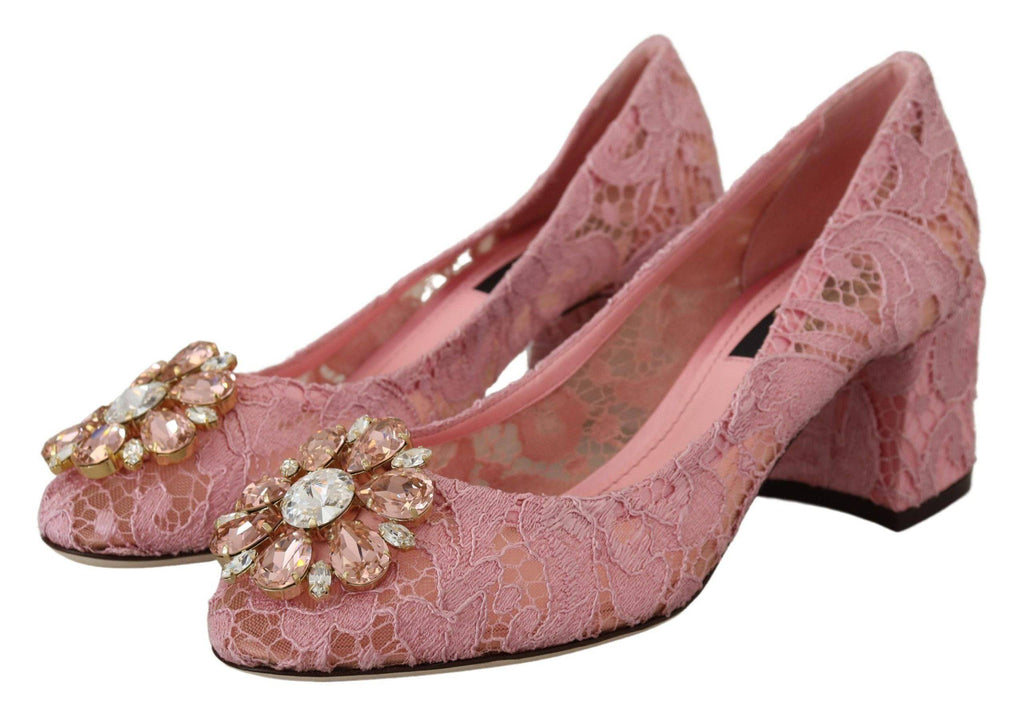 Chaussures pastel Dolce & Gabbana Taormina en dentelle et cristaux roses, pompes élégantes en cuir avec talons hauts.