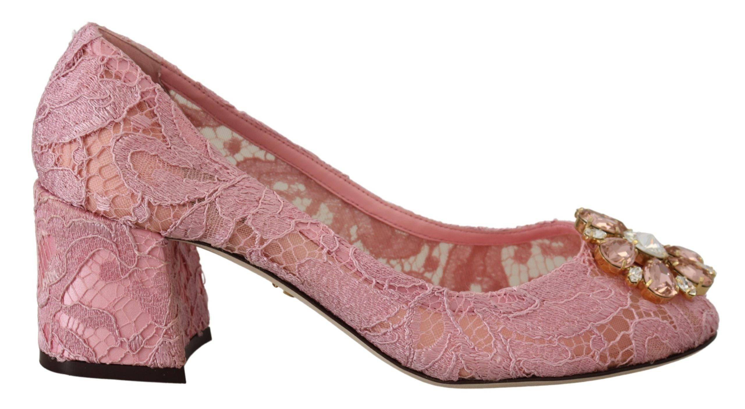 Chaussures Dolce & Gabbana Taormina en dentelle rose avec cristaux, talons pastel élégants pour femmes.