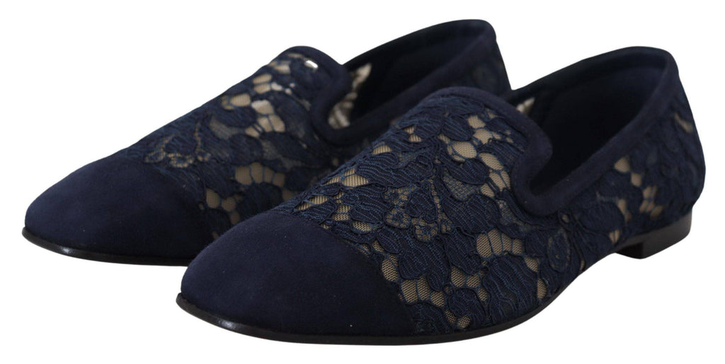 Chaussures Dolce & Gabbana Slip Ons en dentelle bleue à motifs floraux, chaussures plates élégantes pour femme.