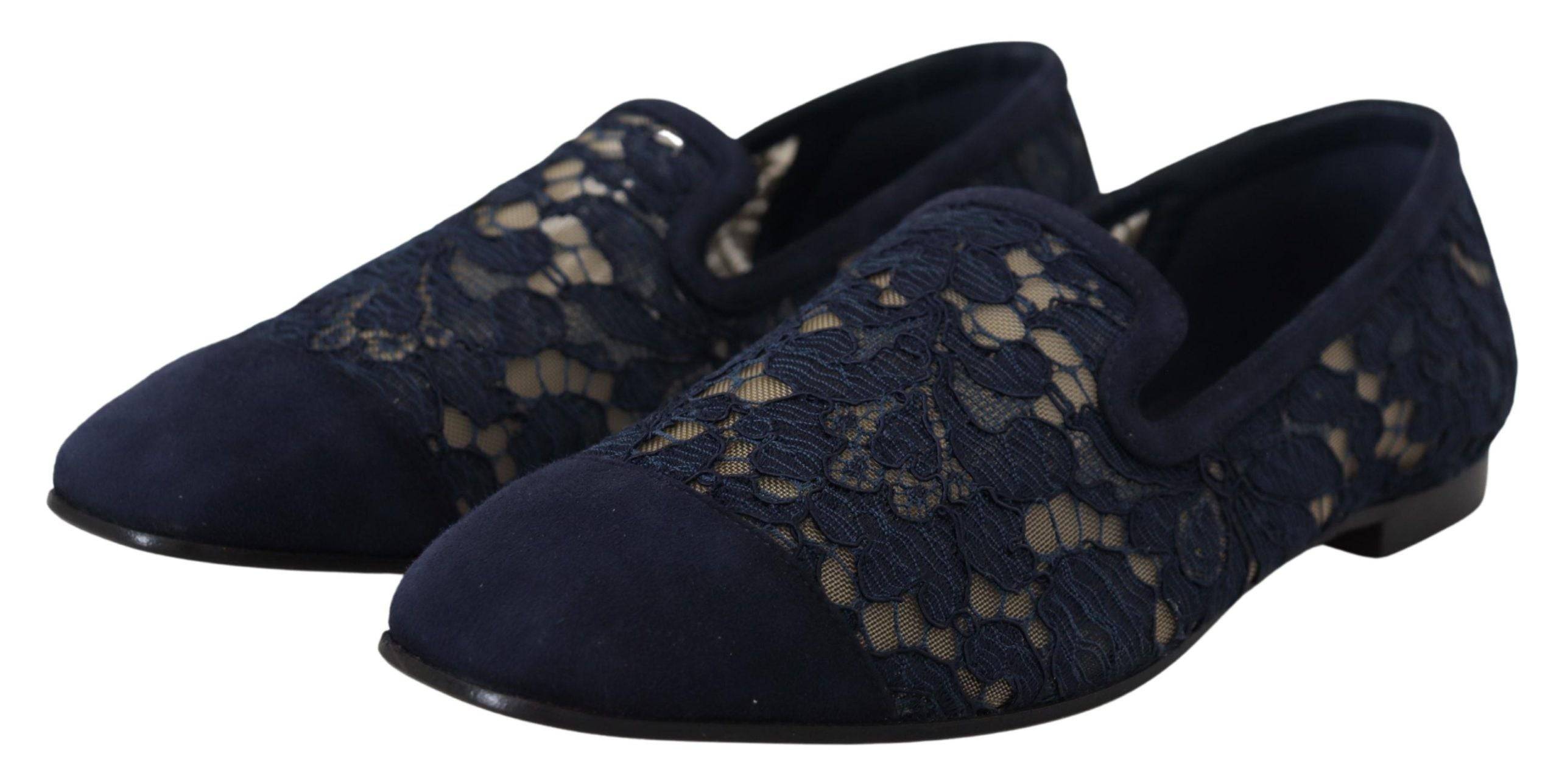 Chaussures Dolce & Gabbana Slip Ons en dentelle bleue à motifs floraux, chaussures plates élégantes pour femme.