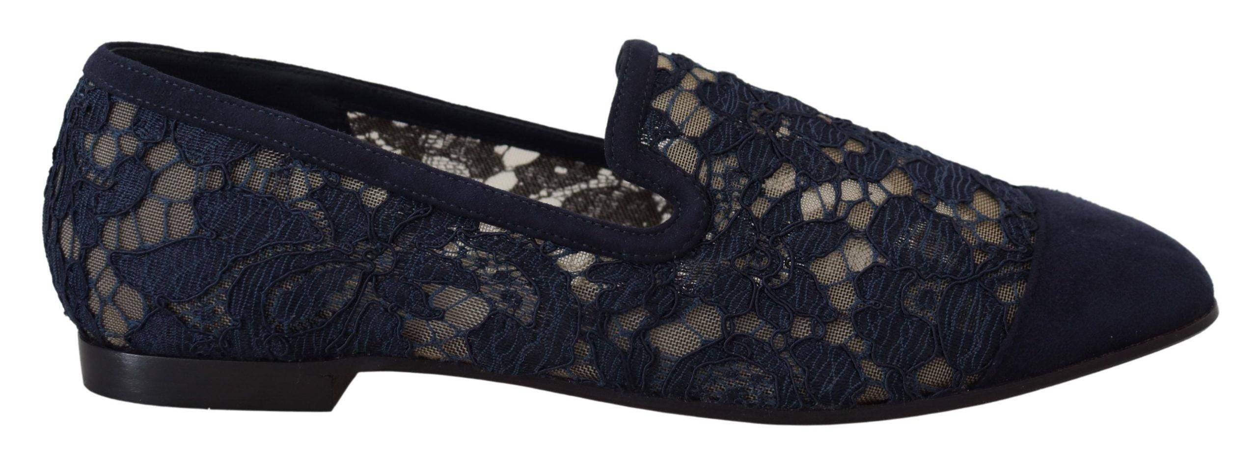 Chaussures Dolce & Gabbana, mocassins slip-ons bleus en dentelle florale, chaussures plates élégantes et féminines.