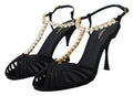 Sandales à talons Dolce & Gabbana en satin noir avec bride T et cristaux clairs, vue en gros plan.