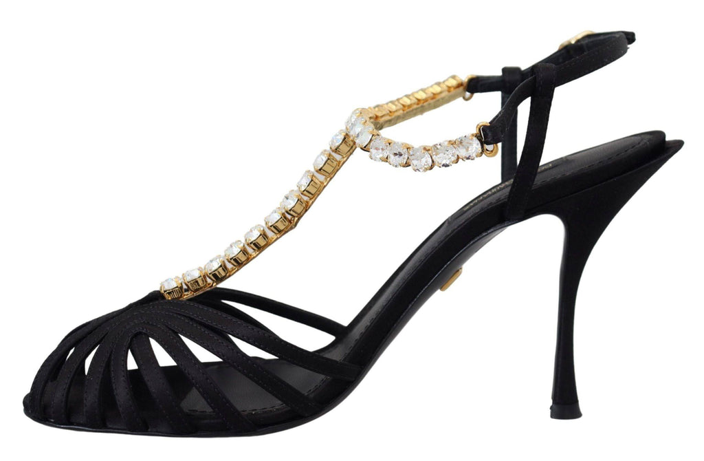 Sandales T-strap en satin noir de Dolce & Gabbana avec cristaux clairs, élégantes et sophistiquées.