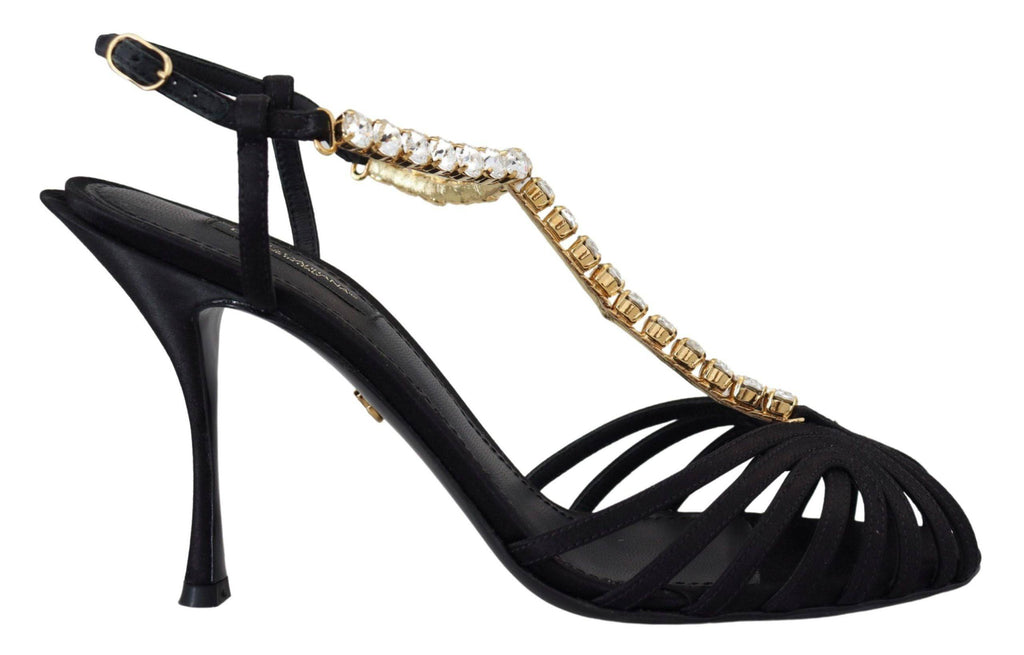 Sandales T-strap en satin noir Dolce & Gabbana avec cristaux clairs et semelle élégante, visibles sur l'image.