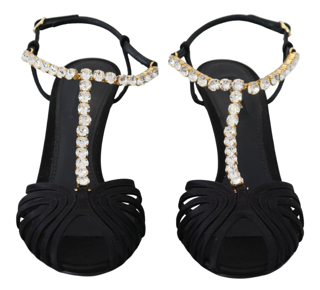 Sandales T-strap en satin noir Dolce & Gabbana avec cristaux clairs, élégantes et raffinées, vue de côté.