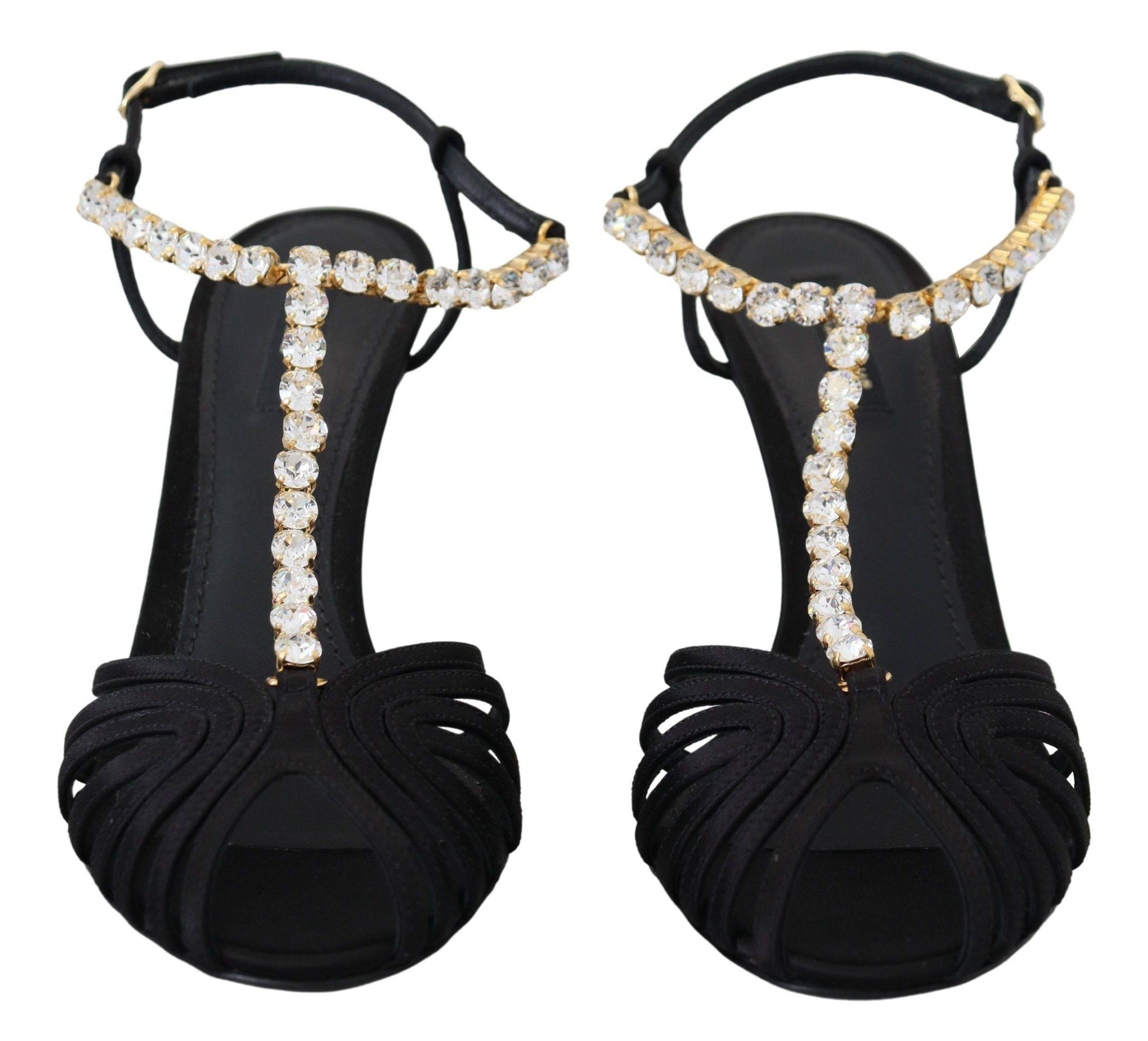 Sandales T-strap en satin noir Dolce & Gabbana avec cristaux clairs, élégantes et raffinées, vue de côté.