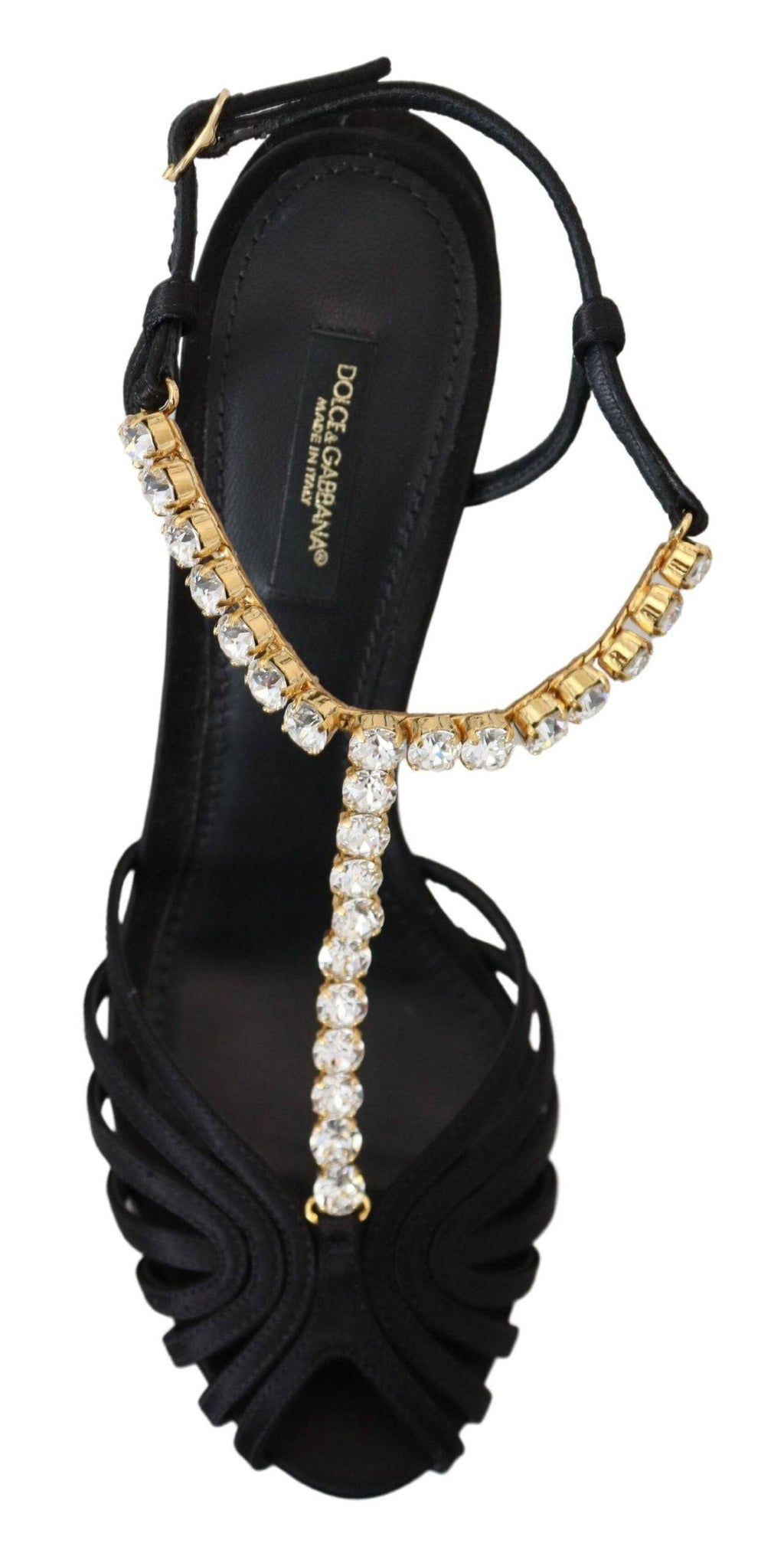 Chaussures à talons T-strap en satin noir Dolce & Gabbana avec cristaux clairs, chaussures élégantes pour femmes.