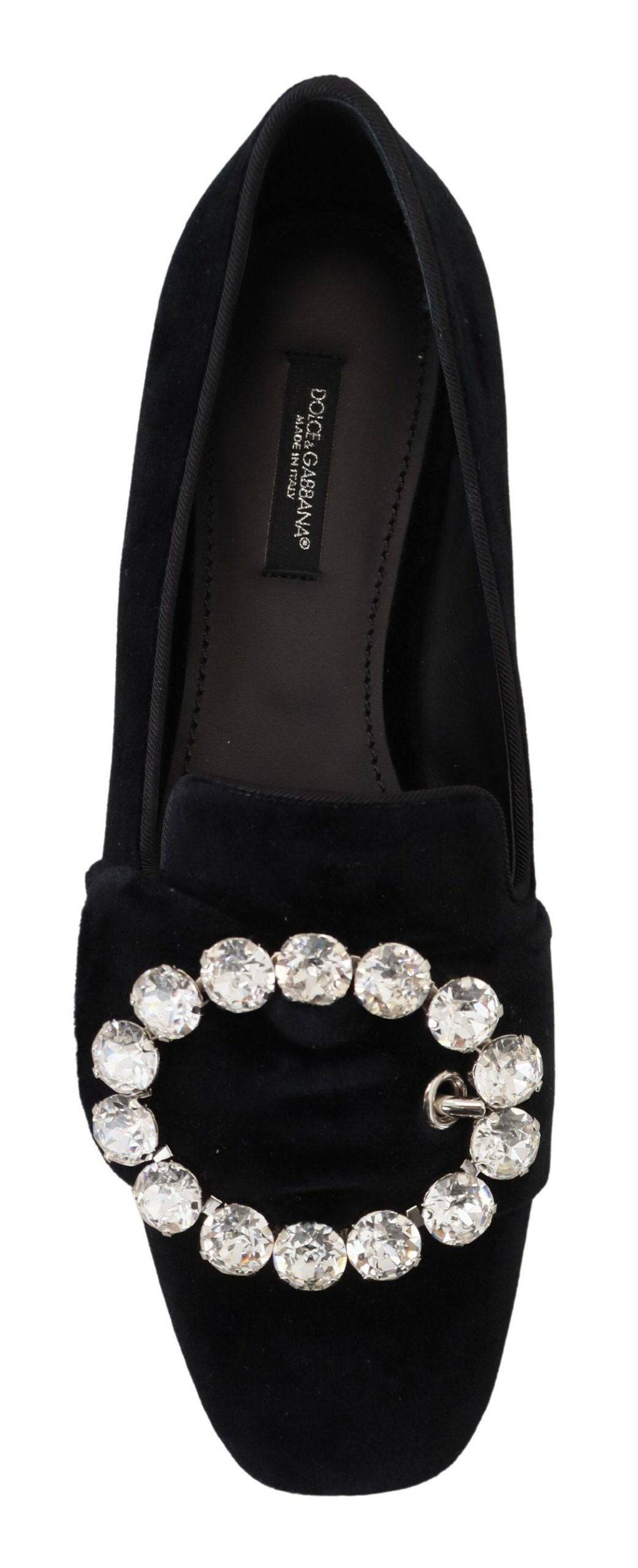 Chaussures Dolce & Gabbana en velours noir avec cristaux, mocassins plats élégants pour femme.