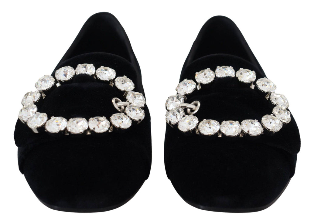 Chaussures plates en velours noir Dolce & Gabbana avec cristaux, loafers élégants pour femmes.