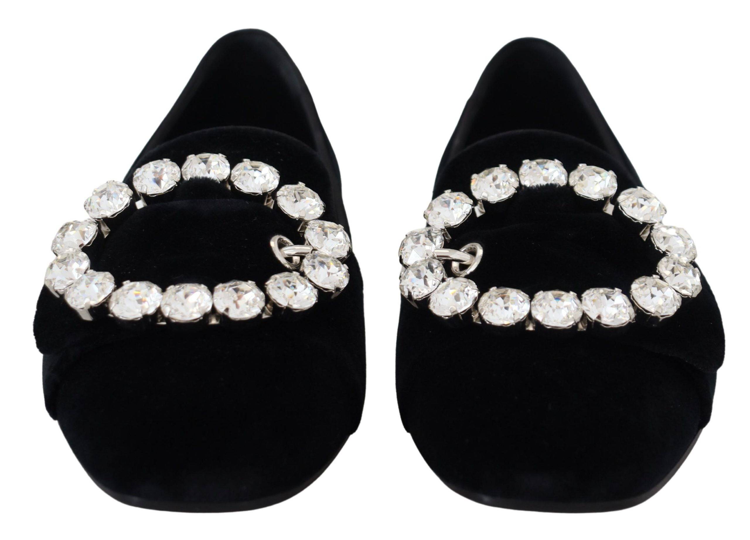 Chaussures plates en velours noir Dolce & Gabbana avec cristaux, loafers élégants pour femmes.