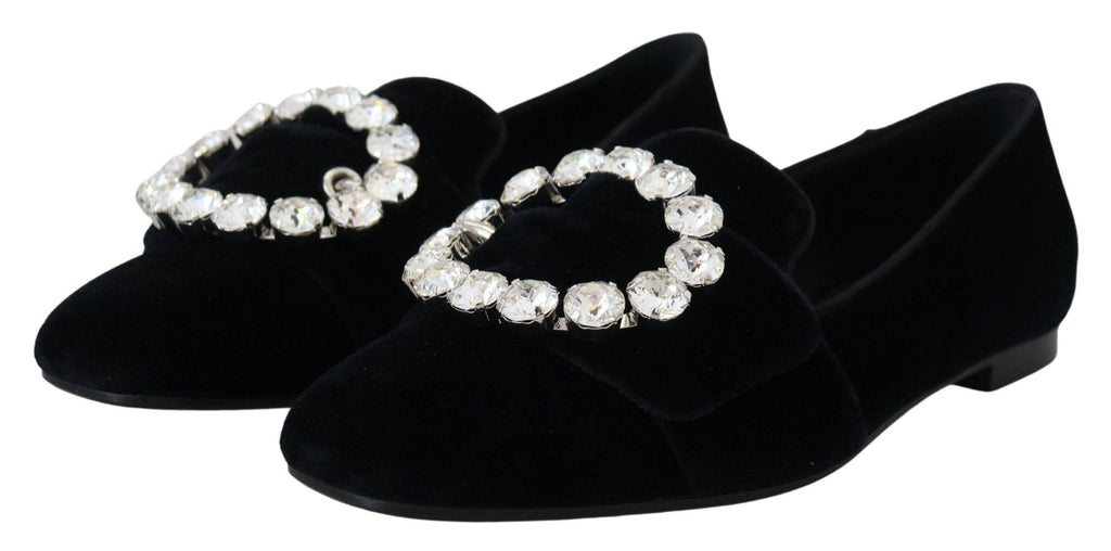 Chaussures Dolce & Gabbana en velours noir avec cristaux, loafers élégants pour femmes.