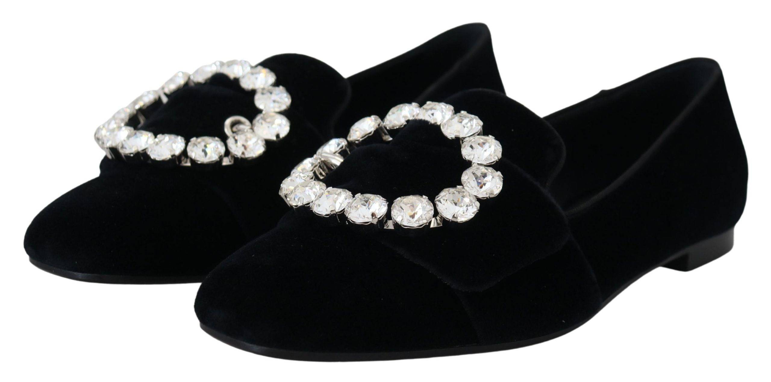 Chaussures Dolce & Gabbana en velours noir avec cristaux, loafers élégants pour femmes.