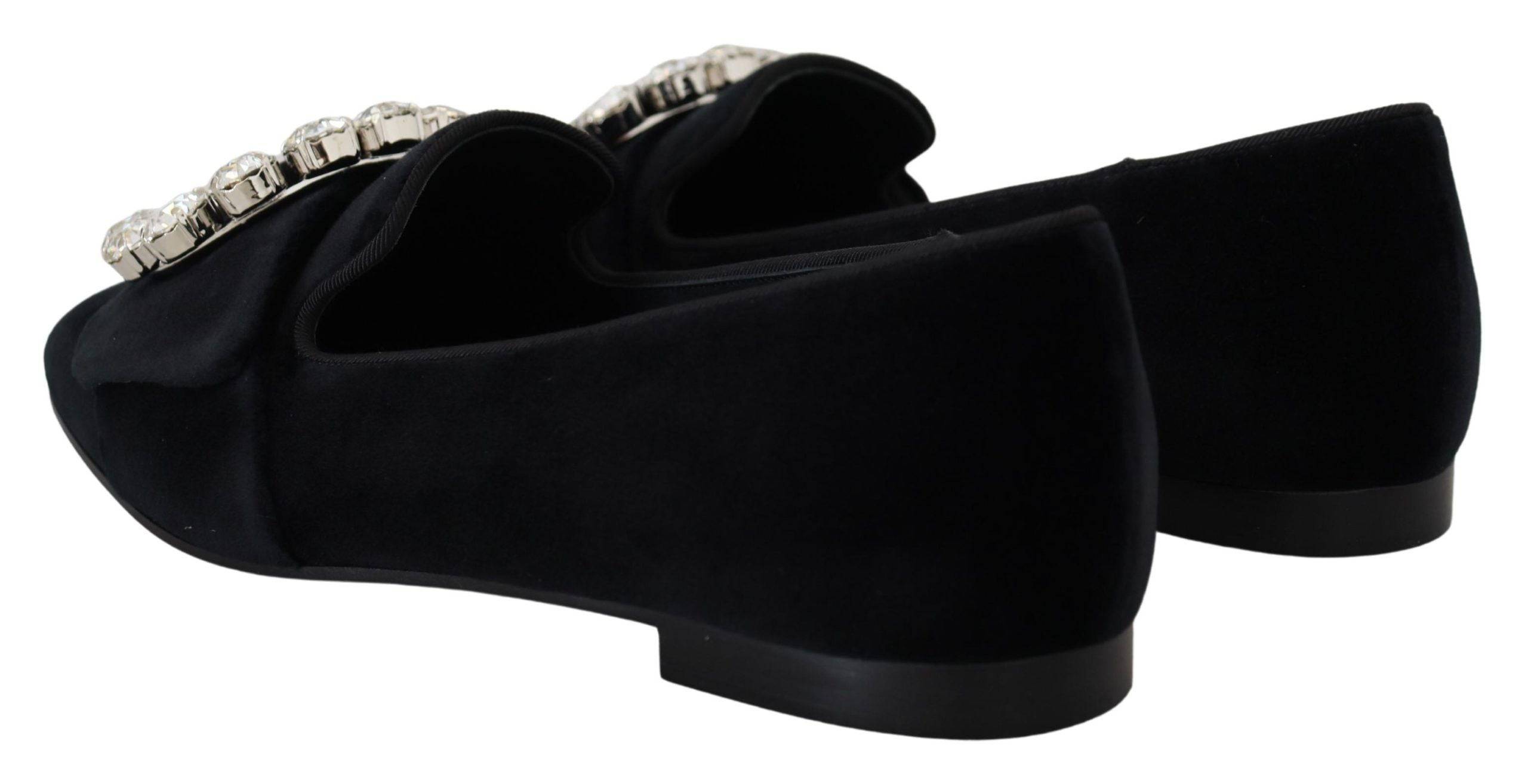 Chaussures mocassins Dolce & Gabbana en velours noir avec cristaux, chaussures plates élégantes et sophistiquées.