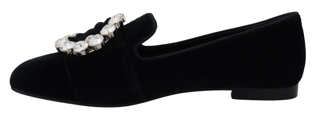Chaussures mocassins en velours noir Dolce & Gabbana avec cristaux, chaussures plates élégantes et sophistiquées.