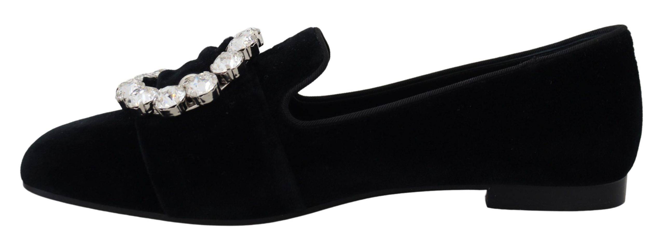 Chaussures mocassins en velours noir Dolce & Gabbana avec cristaux, chaussures plates élégantes et sophistiquées.