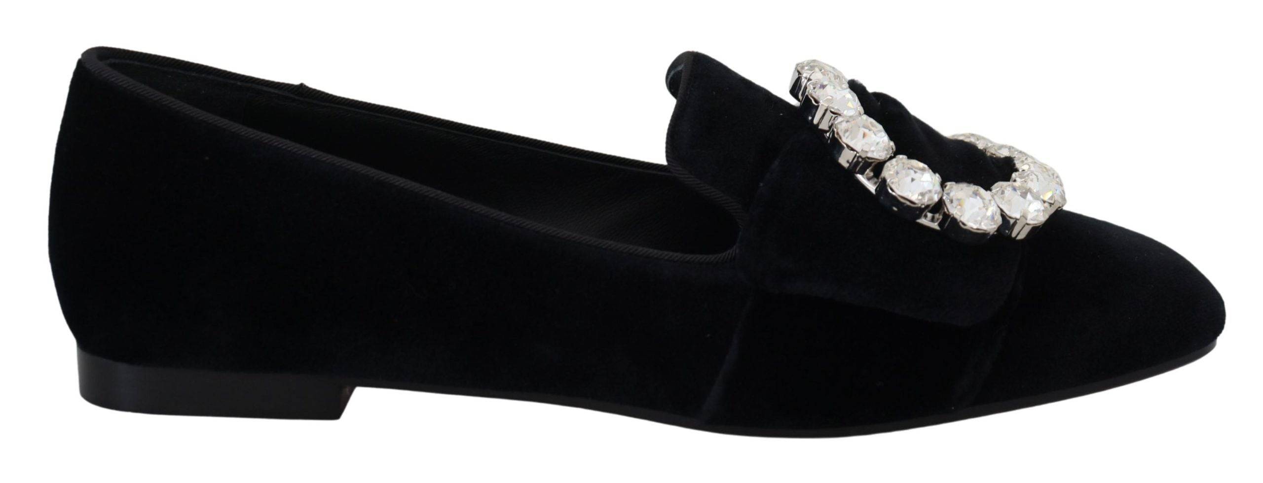 Chaussures mocassins Dolce & Gabbana en velours noir avec cristaux, chaussures plates élégantes pour femme.