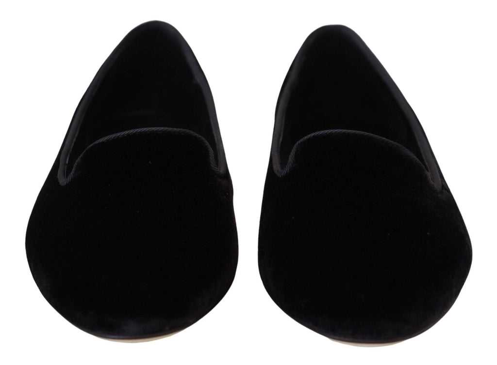 Chaussures Dolce & Gabbana en velours noir, slip-ons élégants et plats pour femmes, avec semelle en caoutchouc.