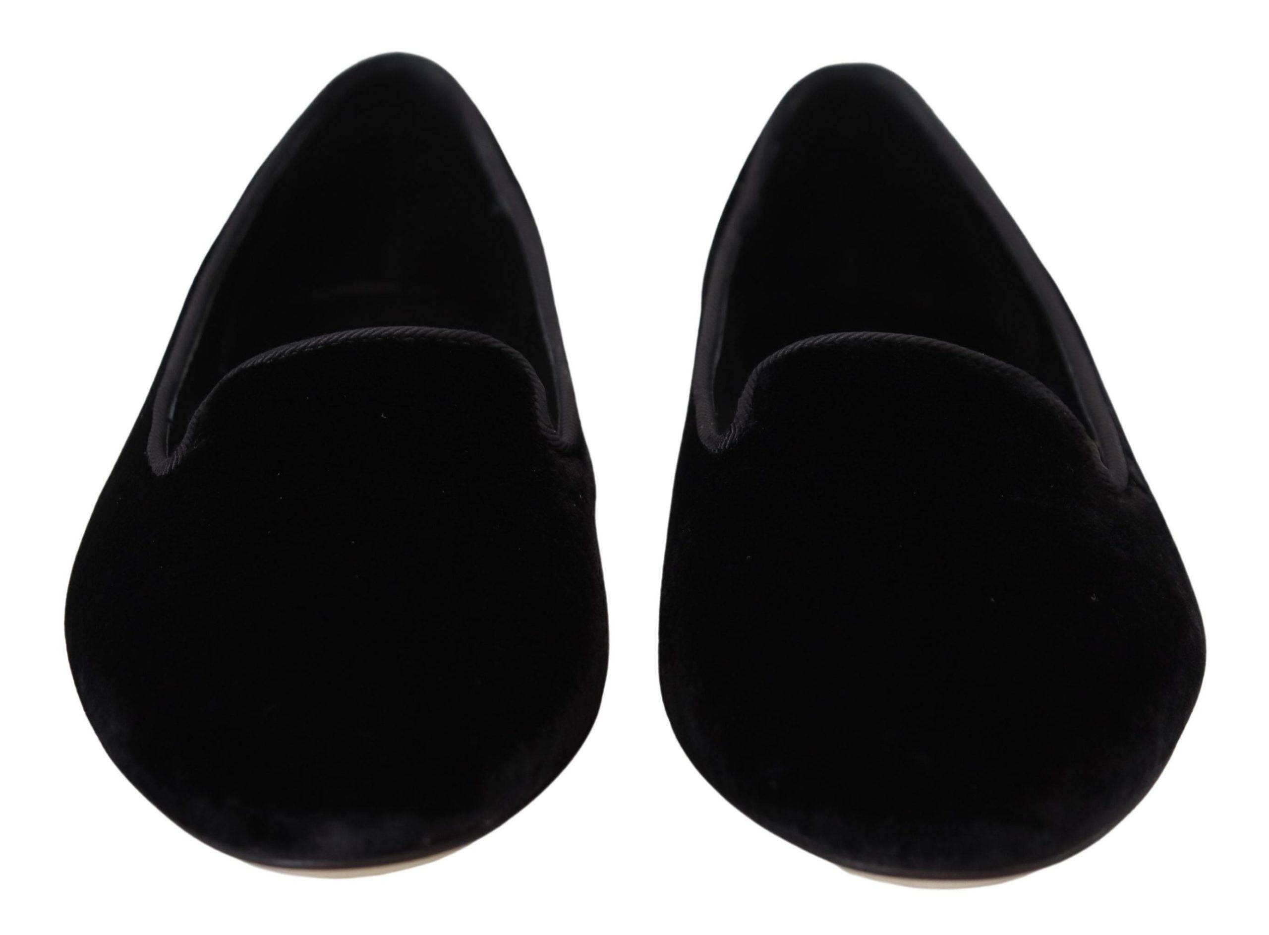 Chaussures Dolce & Gabbana en velours noir, slip-ons élégants et plats pour femmes, avec semelle en caoutchouc.