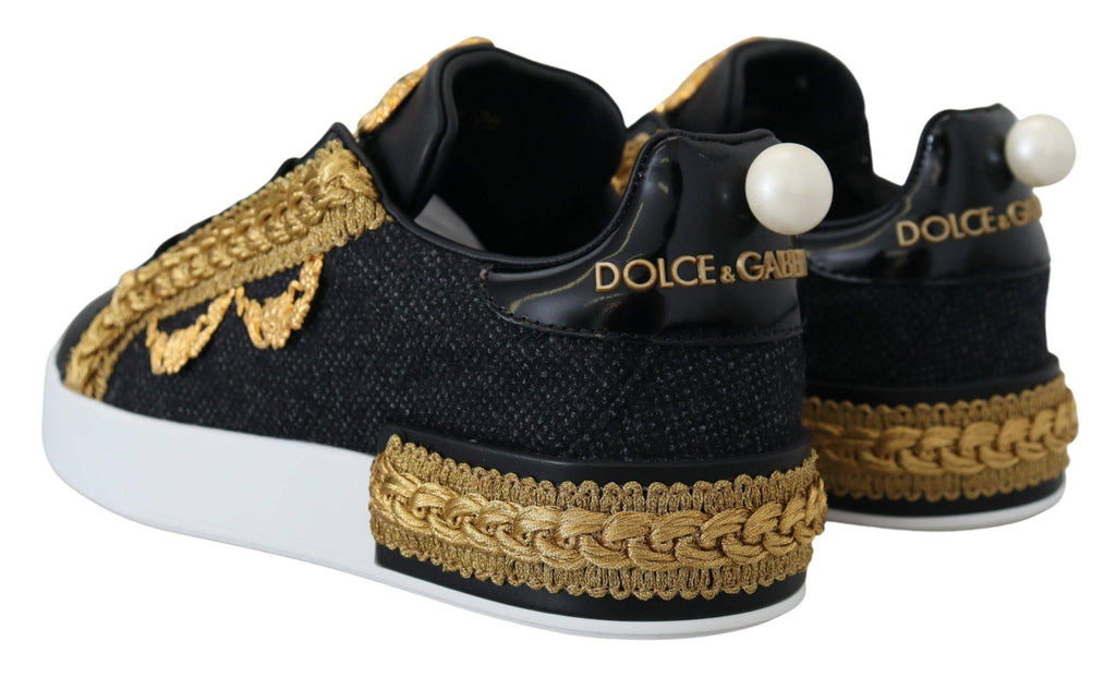 Chaussures sneakers Dolce & Gabbana Portofino en cuir noir avec détails dorés baroque, style élégant et sophistiqué.