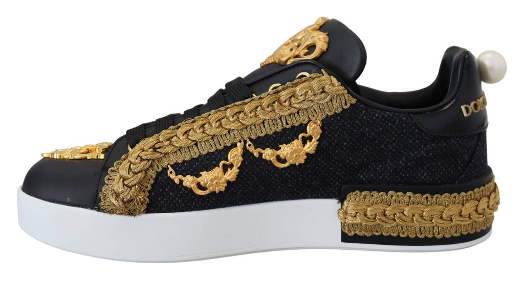 Chaussures sneakers Dolce & Gabbana Portofino en cuir noir et or avec motif baroque, style élégant et sophistiqué.