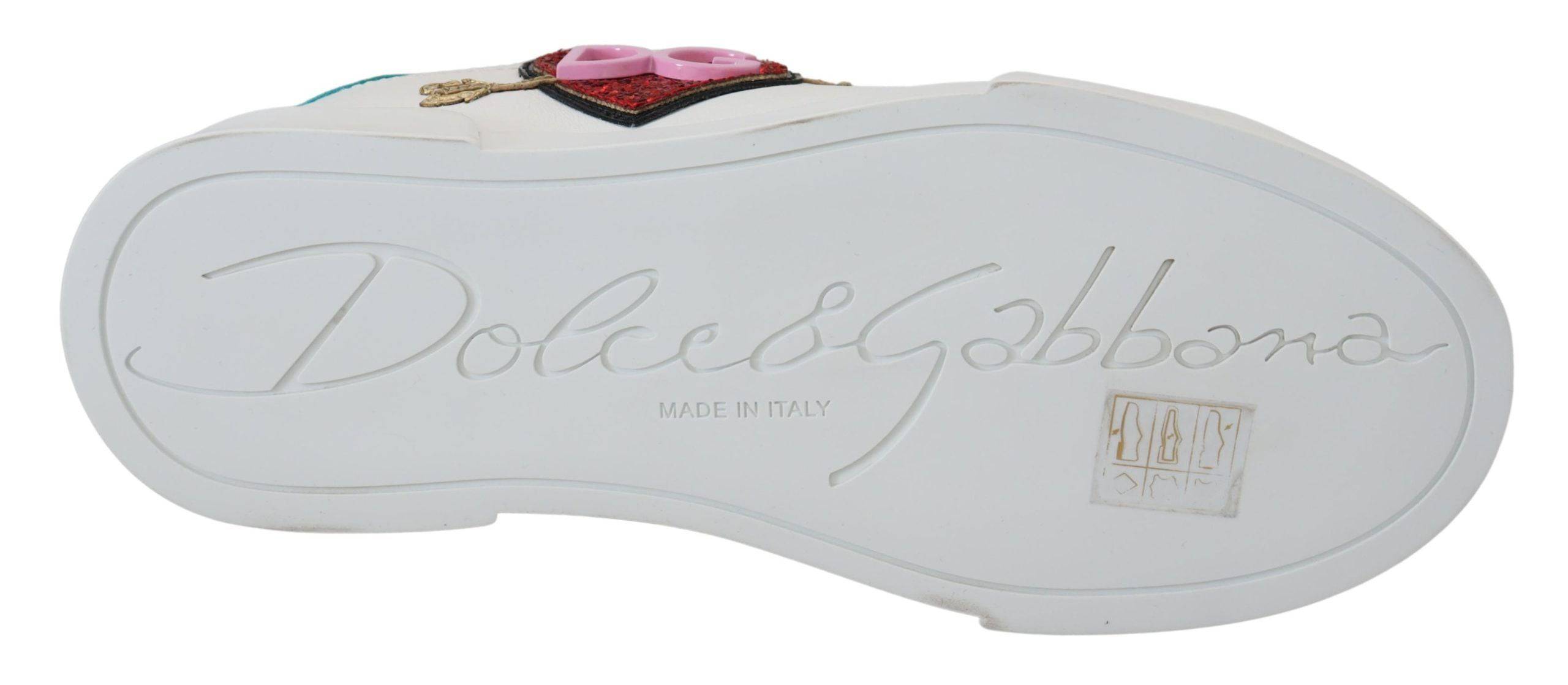 Chaussures sneakers portofino en cuir blanc Dolce & Gabbana avec logo et motif cœur, chaussures de mode élégantes.