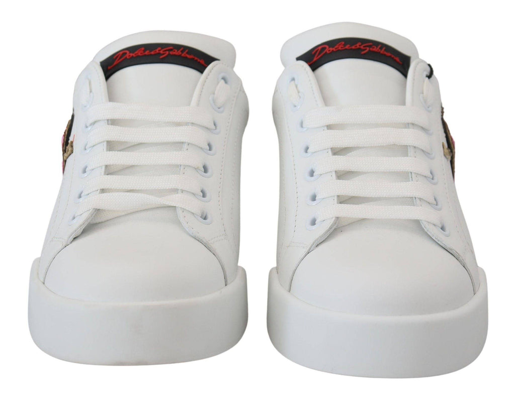 Chaussures sneakers en cuir blanc Dolce & Gabbana Portofino avec logo cœur, vues de face.