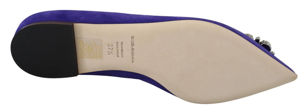 Chaussures plates en daim violet Dolce & Gabbana avec cristaux, mocassins élégants pour femmes.