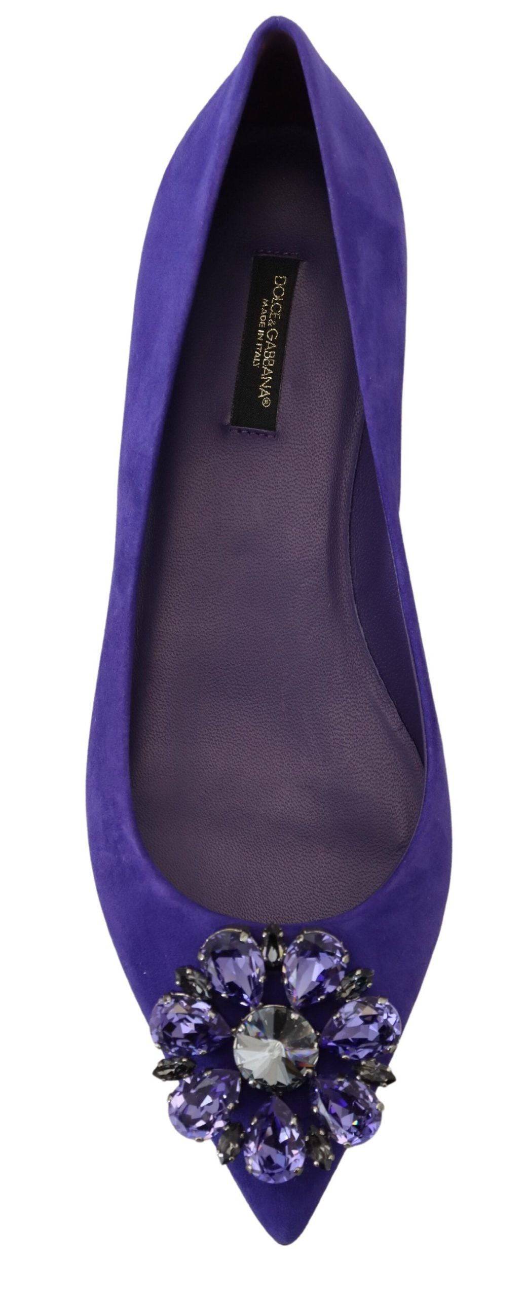 Chaussures mocassins en daim violet Dolce & Gabbana avec cristaux, chaussures plates élégantes et raffinées.