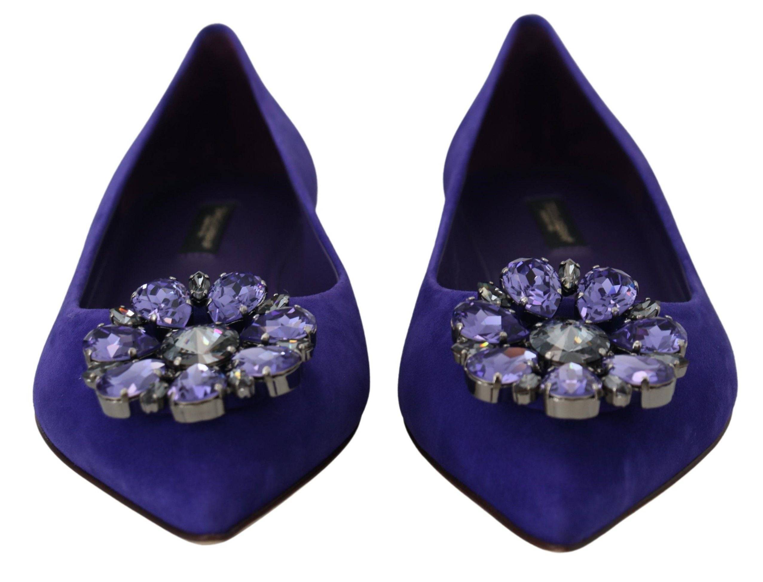 Chaussures mocassins en daim violet Dolce & Gabbana avec cristaux, chaussures plates élégantes pour femmes.