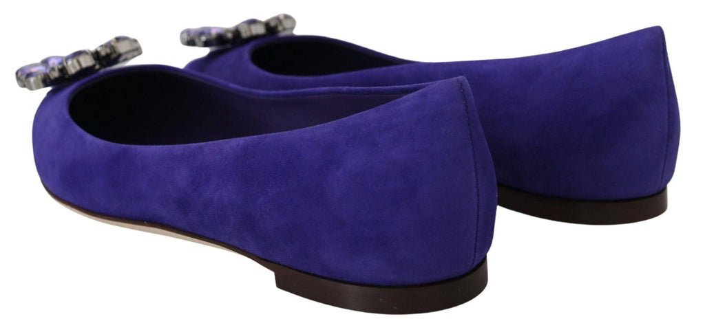 Chaussures plates en daim violet avec cristaux de Dolce & Gabbana, mocassins élégants pour femmes.