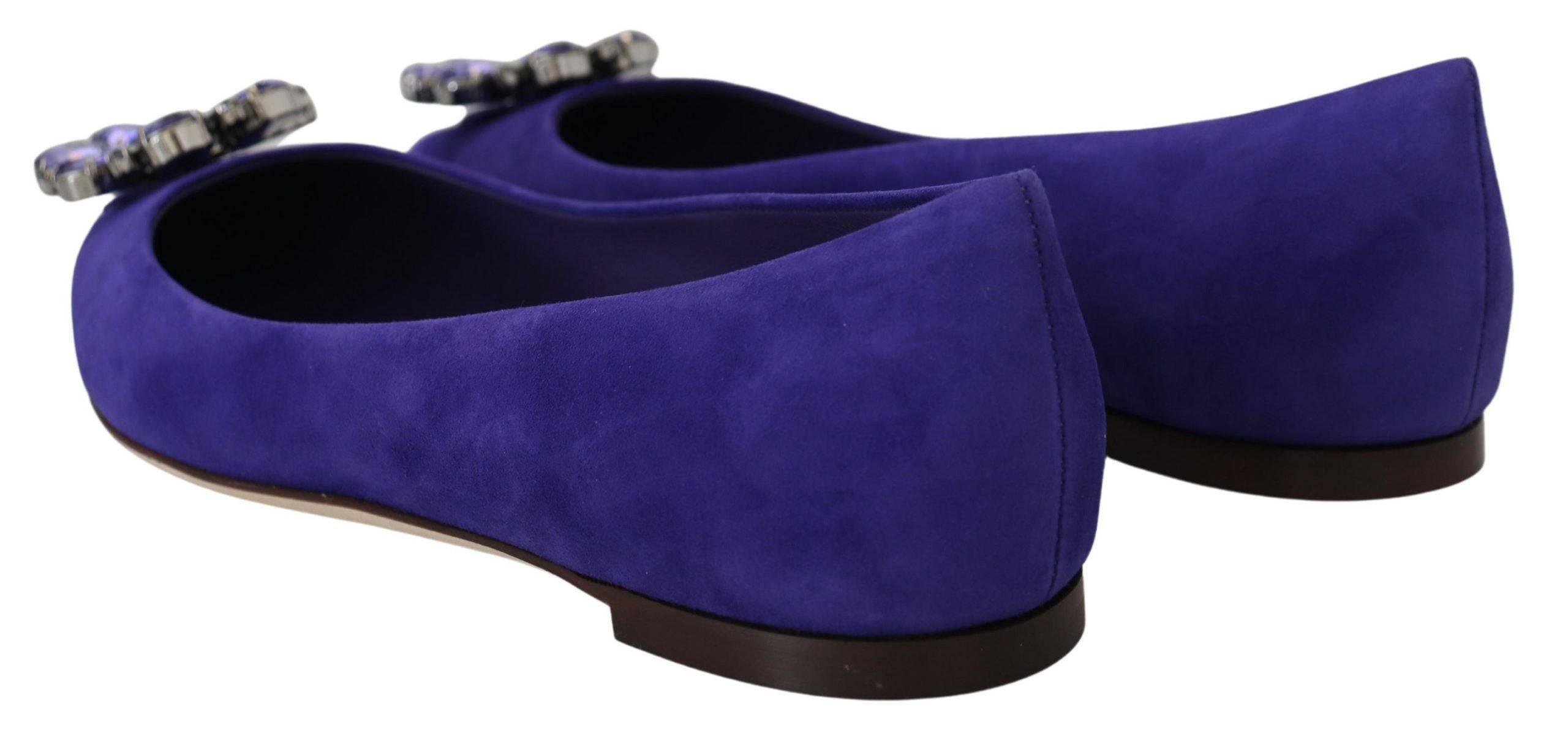Chaussures plates en daim violet avec cristaux de Dolce & Gabbana, mocassins élégants pour femmes.