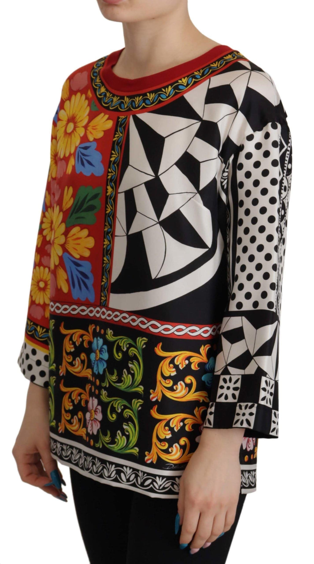 Chemise longue à manches longues Dolce & Gabbana, imprimé baroque multicolore, style décontracté et élégant.
