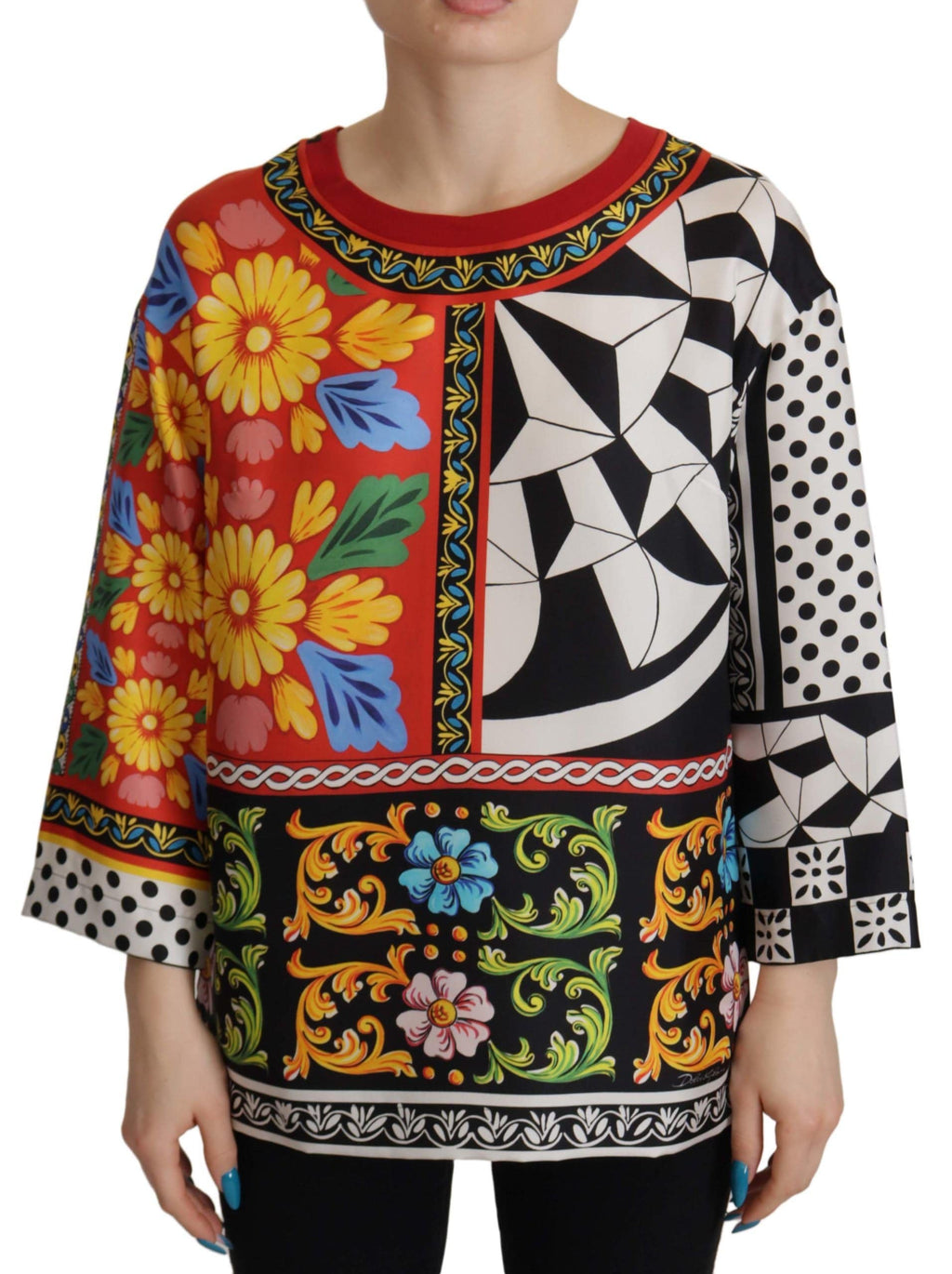 Chemise longue à manches longues Dolce & Gabbana avec imprimé baroque multicolore, style décontracté et élégant.