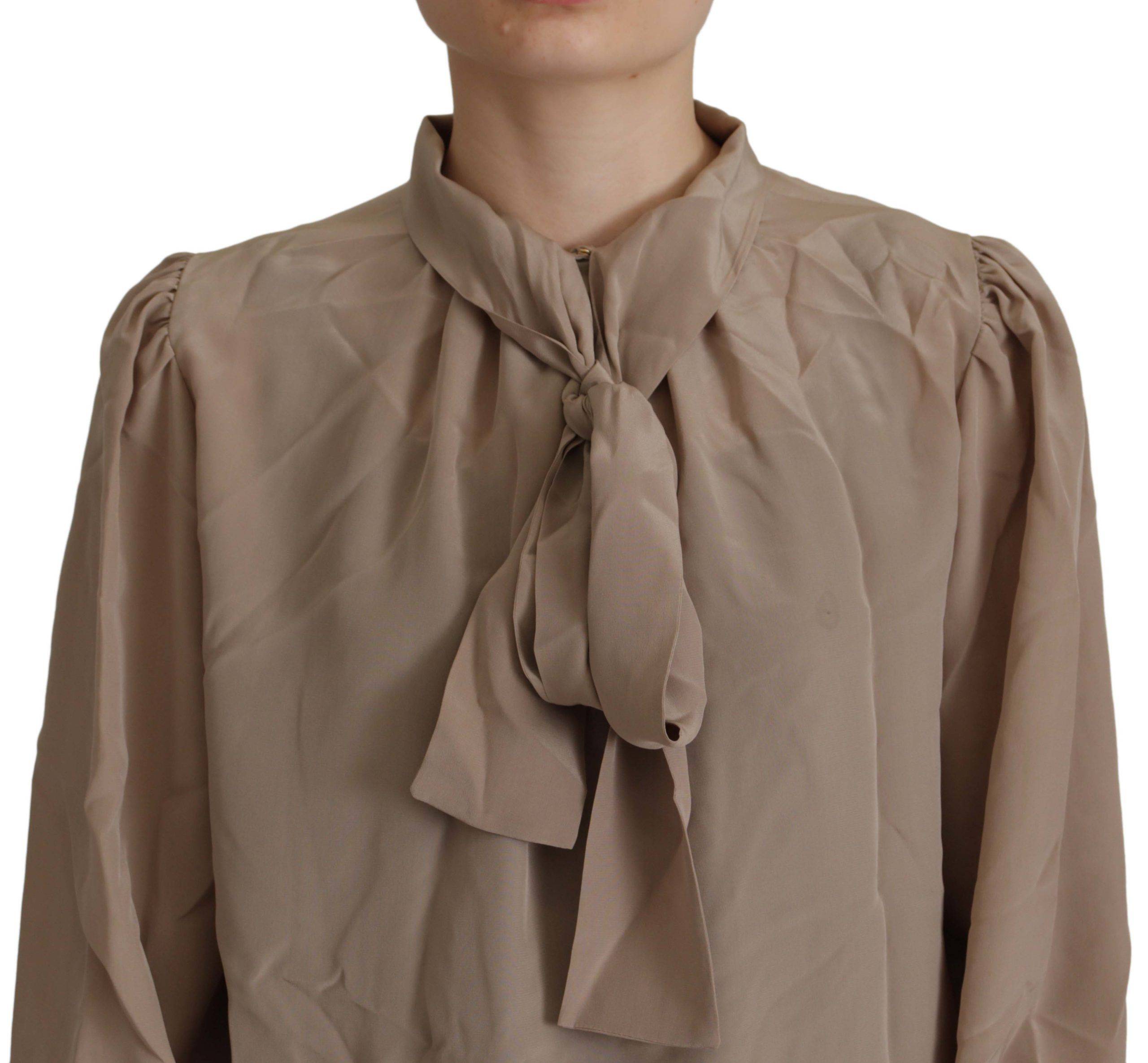 Chemise Dolce & Gabbana à col ascot, manches avec bandeau marron, blouse élégante et sophistiquée.