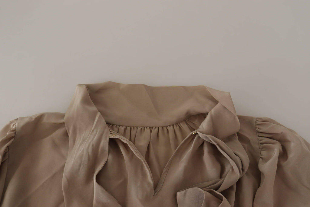 Chemise Dolce & Gabbana marron avec col ascot, manches à bandeau et coupe élégante, vue de face.