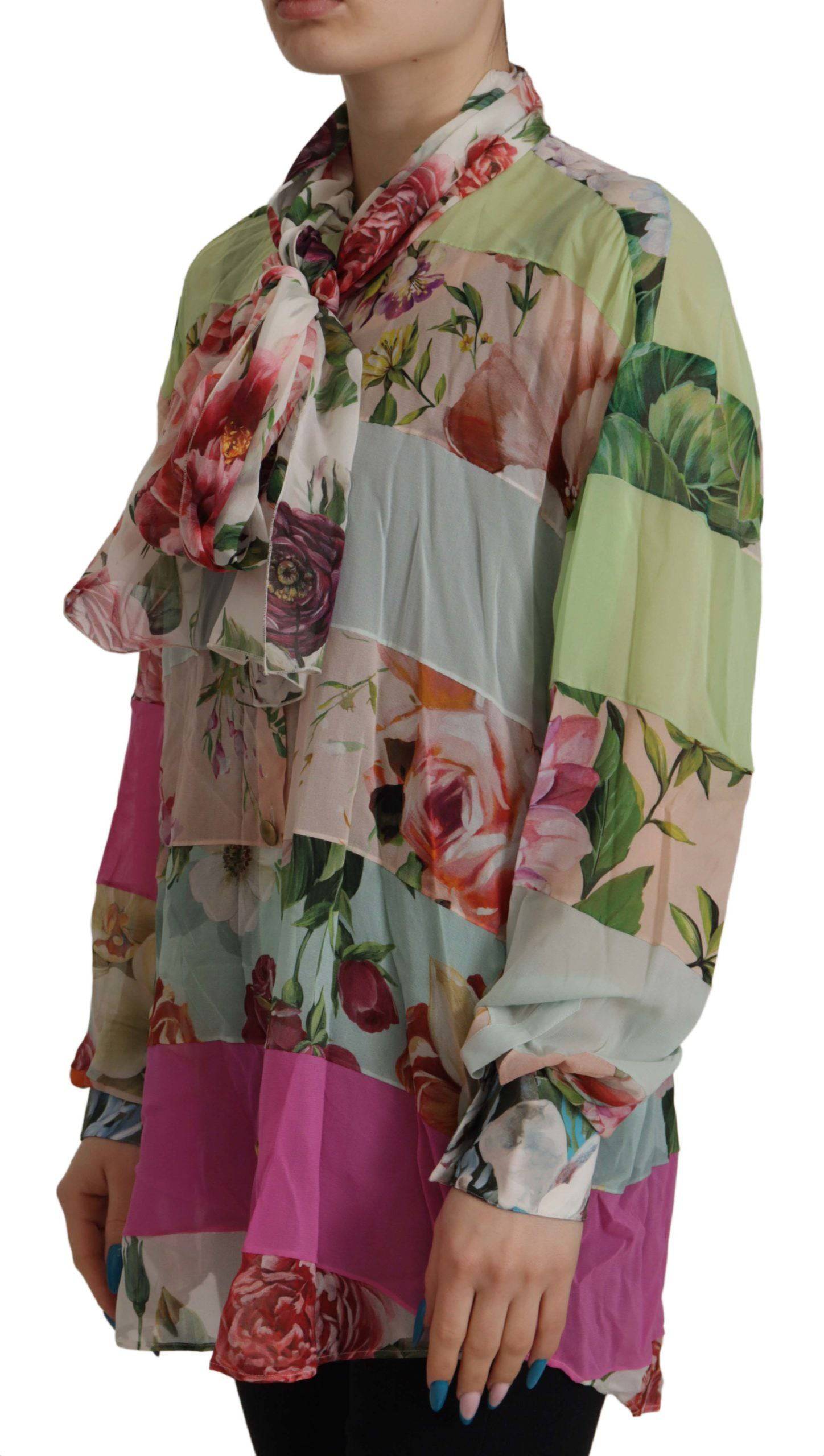 Chemise Dolce & Gabbana à col ascot avec motif floral multicolore en patchwork.