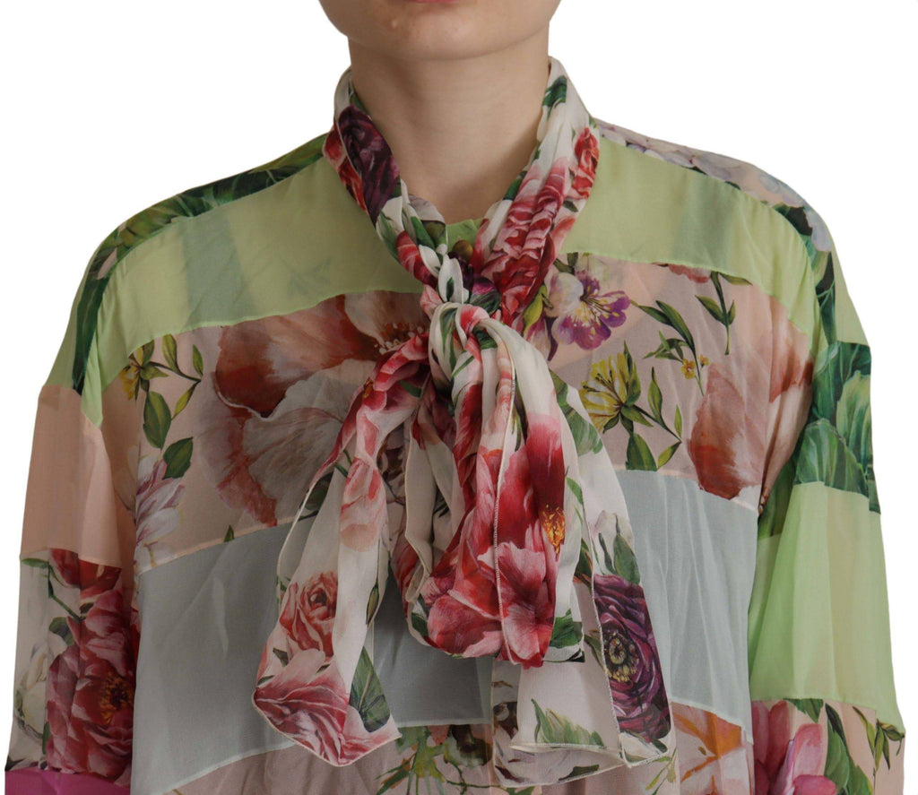 Chemise Dolce & Gabbana à col ascot, fleurie multicolore avec patchwork, blouse élégante et colorée.