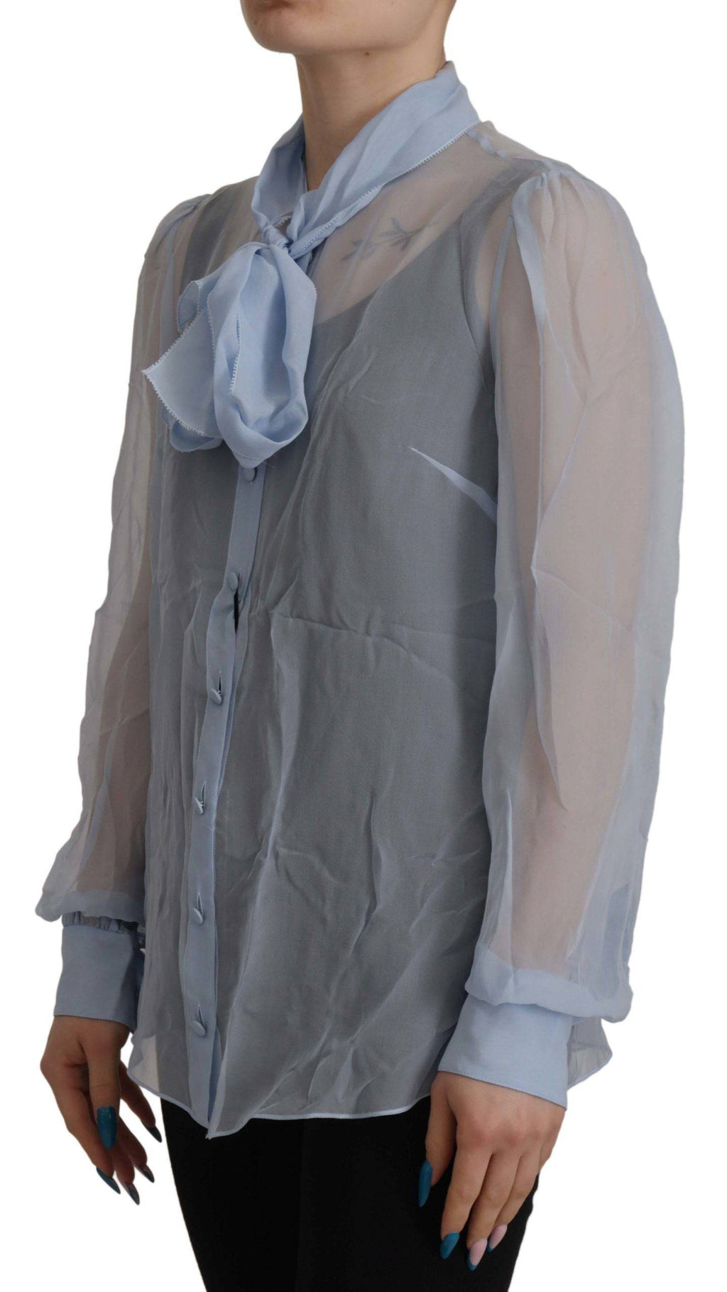 Chemise en soie à col ascot à manches longues Dolce & Gabbana Light Blue, élégante et sophistiquée.