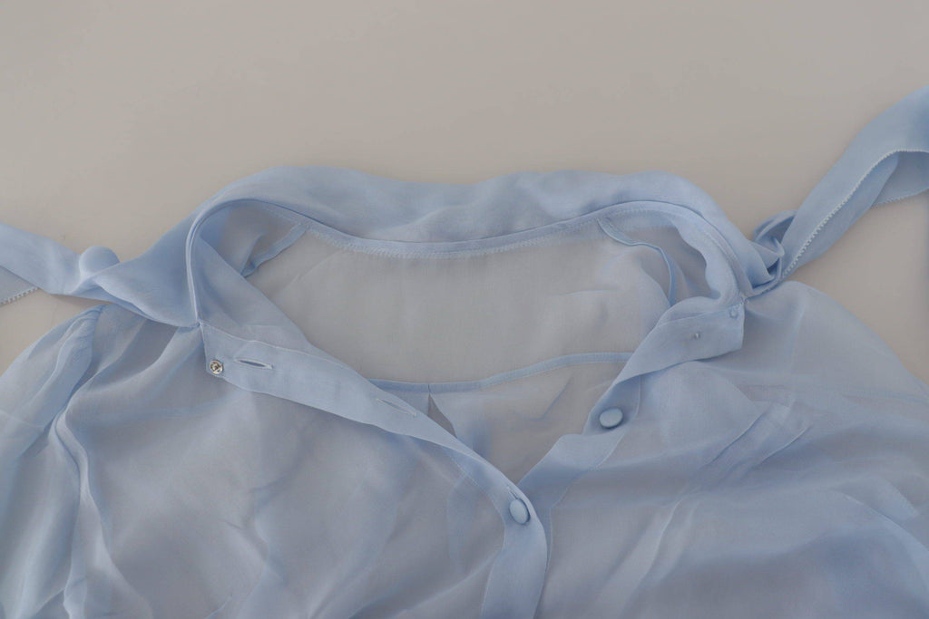 Chemise à manches longues Dolce & Gabbana Light Blue en soie avec col ascot, élégante et sophistiquée.
