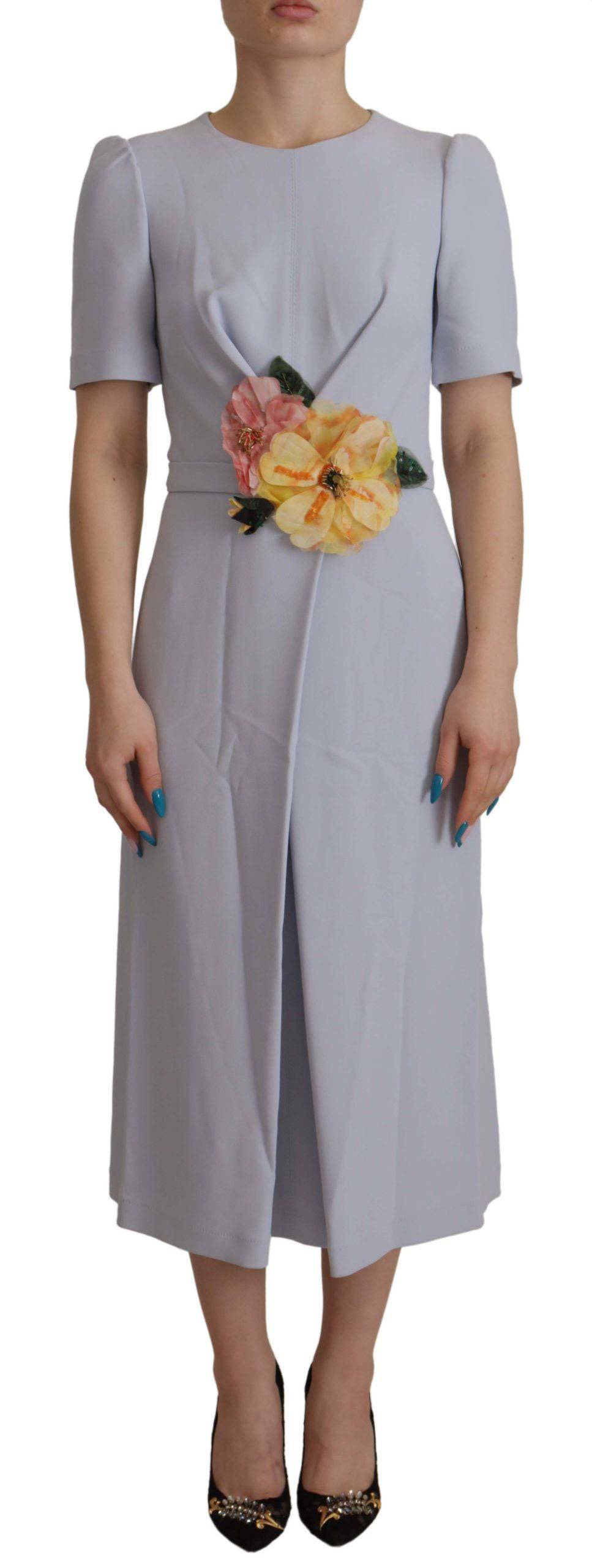 Robe midi en viscose bleue à fleurs avec appliqués floraux de Dolce & Gabbana, élégante et fluide, vue de face.