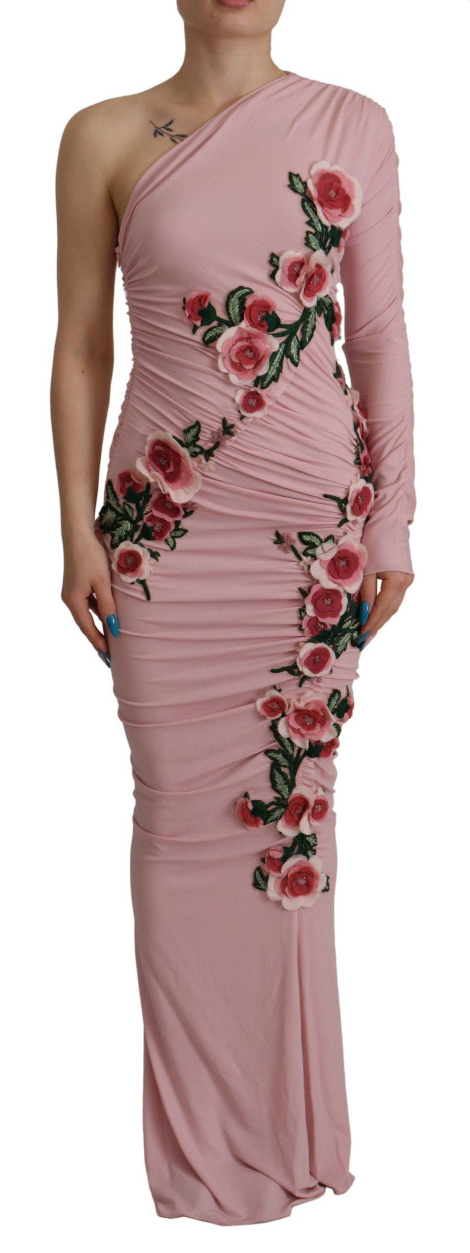 Robe rose à une épaule Dolce & Gabbana avec broderies de fleurs, élégante et ornée de détails floraux sophistiqués.