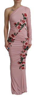 Robe rose à une épaule Dolce & Gabbana avec broderies de fleurs, élégante et ornée de détails floraux sophistiqués.