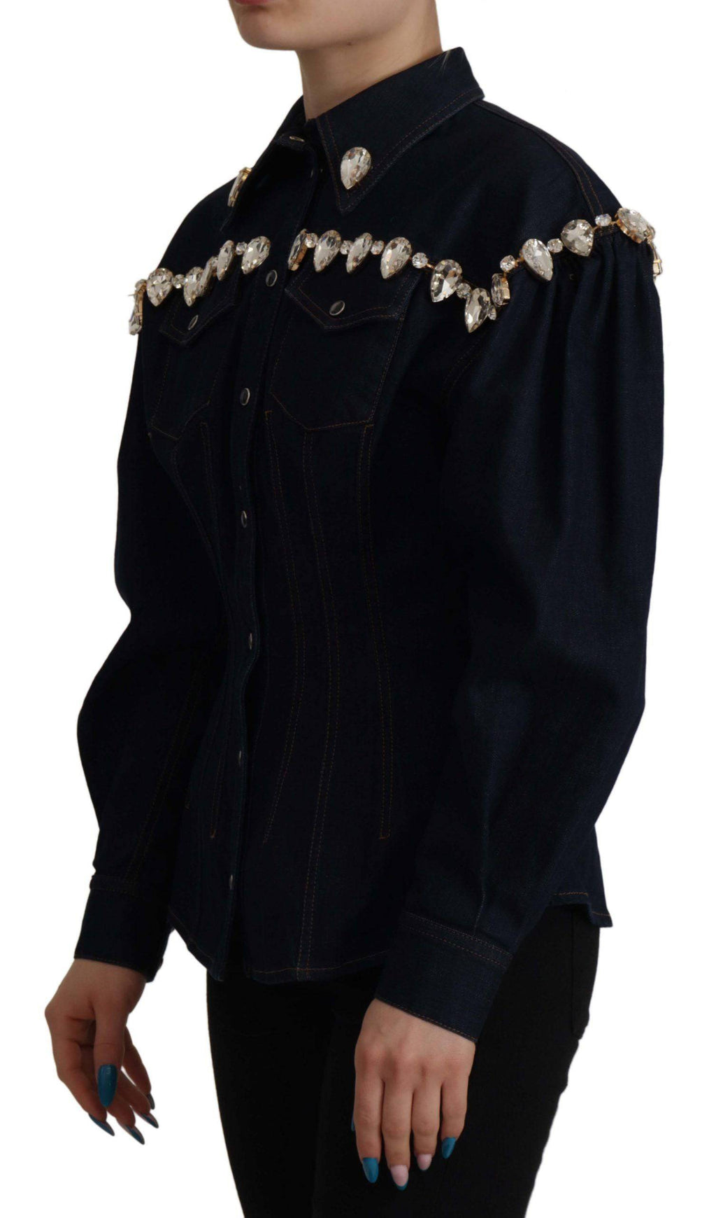 Veste en coton bleu Dolce & Gabbana, denim avec cristaux ornant le design, mode élégante et sophistiquée.