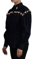 Veste en coton bleu Dolce & Gabbana, denim avec cristaux ornant le design, mode élégante et sophistiquée.