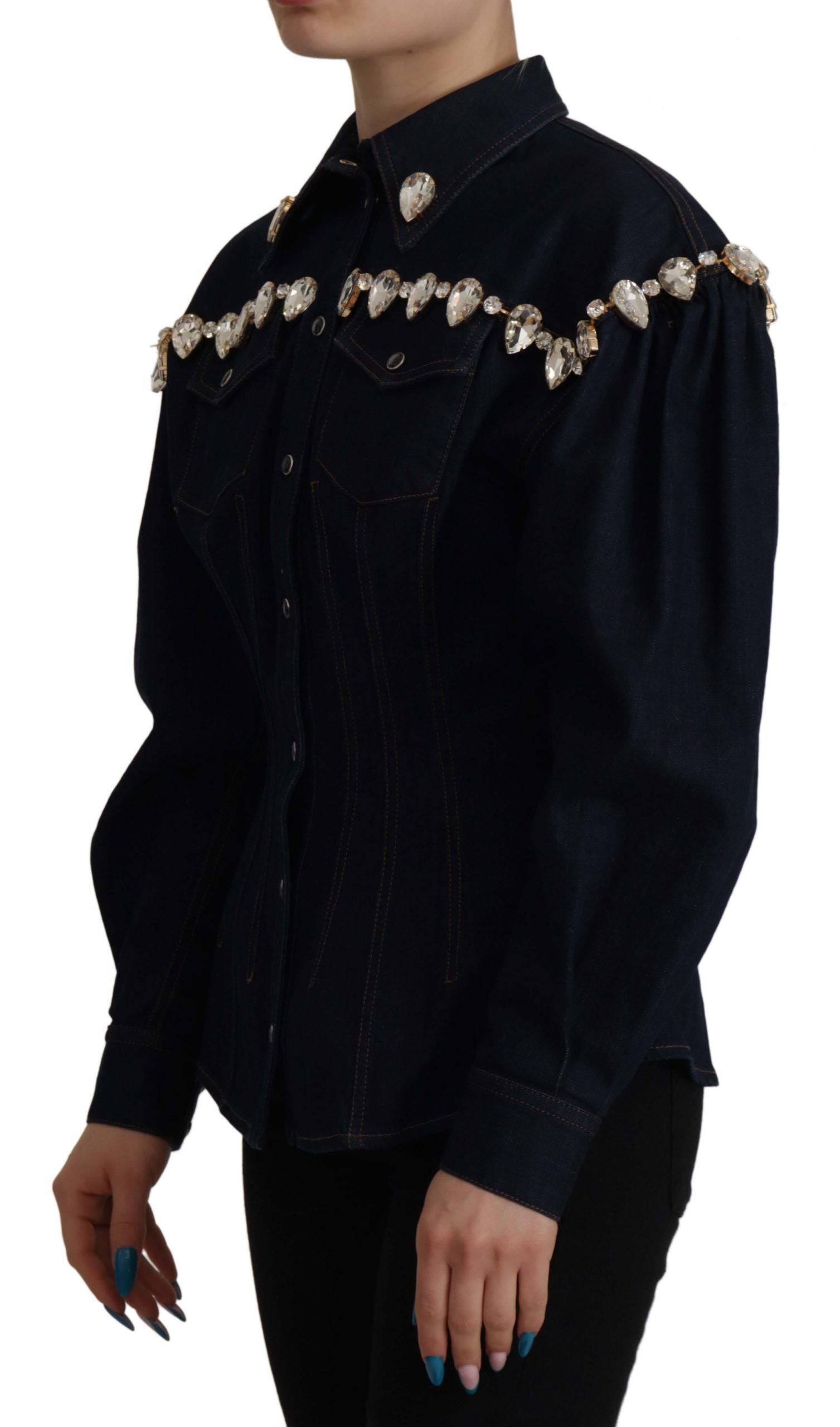 Veste en coton bleu Dolce & Gabbana, denim avec cristaux ornant le design, mode élégante et sophistiquée.