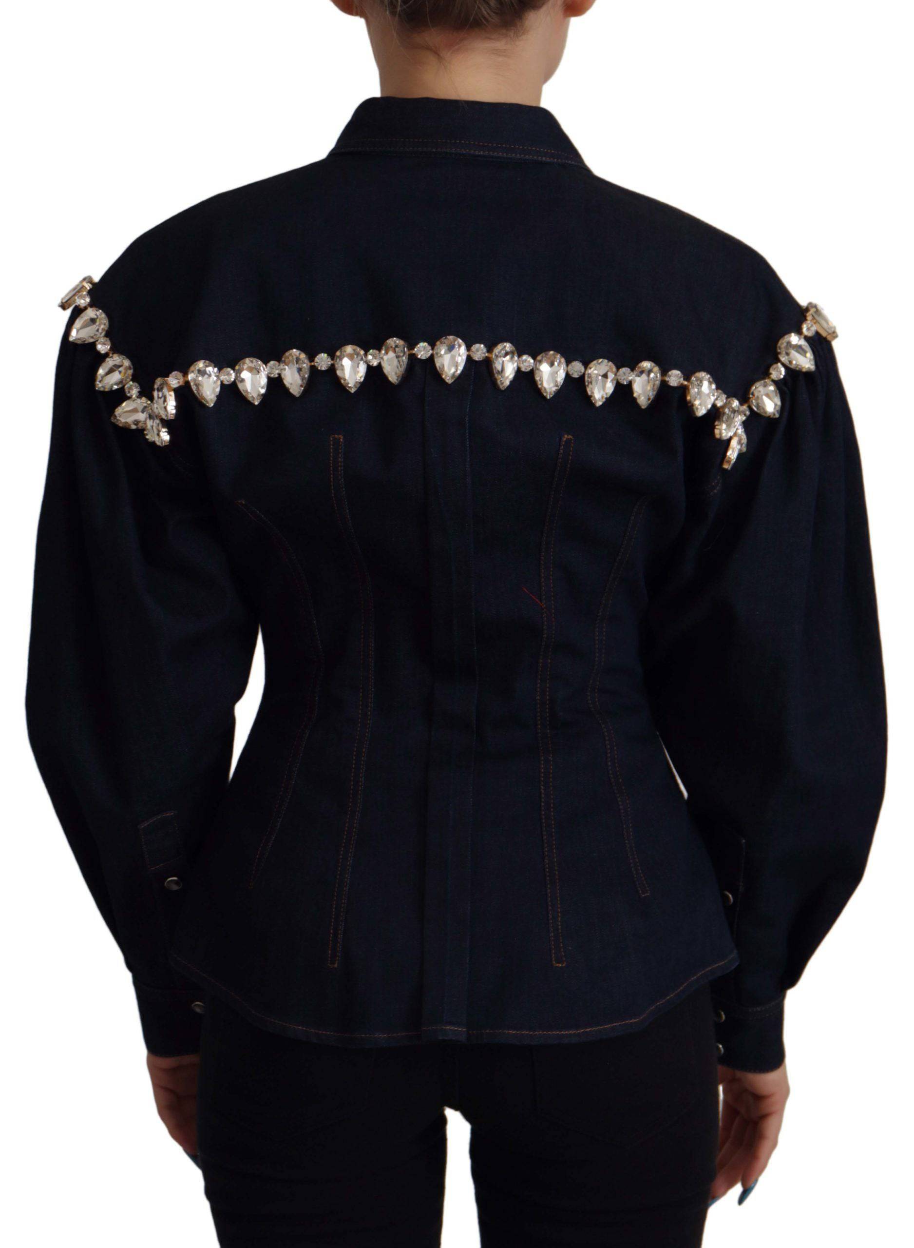 Veste en coton bleu denim Dolce & Gabbana avec embellissements en cristal, élégante et tendance, vue de face.