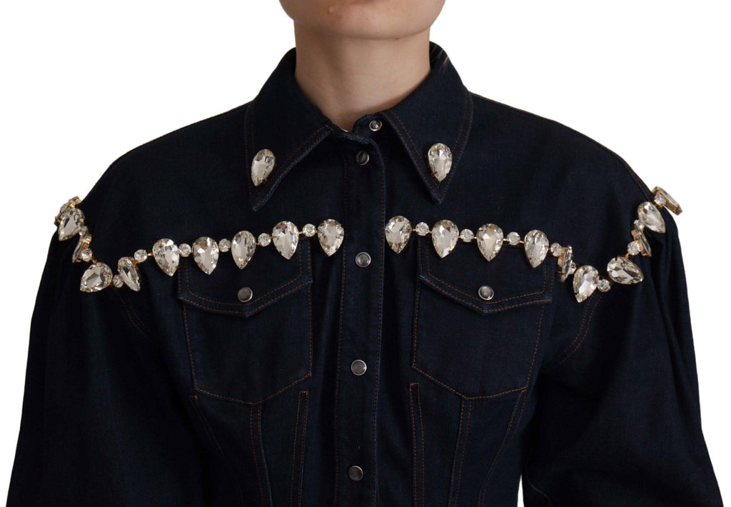 Veste en coton bleu Dolce & Gabbana avec embellissements en cristaux et détails en denim.